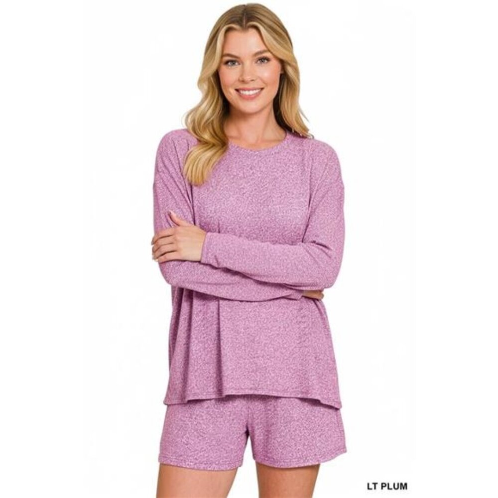 Zenana Soft Melange Long Sleeve‎ Tee and Shorts Set